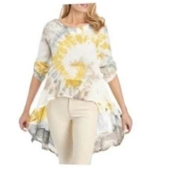 BELLE FRANCE NWOT BLUE tie-dye hi/ low pop over tunic blouse - Picture 2 of 8